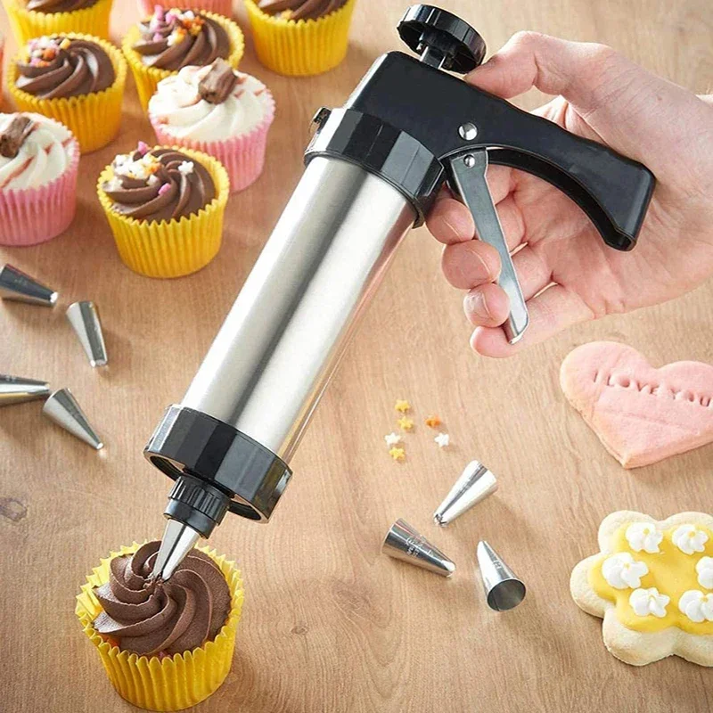 Churros Maker Gun - ชุดเครื่องทำคุกกี้แบบกด สเตนเลสสตีล ชุดตกแต่งเค้กด้วยครีม ชุดทำชูโรส์แบบทำเองด้วยมือ เครื่องทำบิสกิต หัวบีบขนม