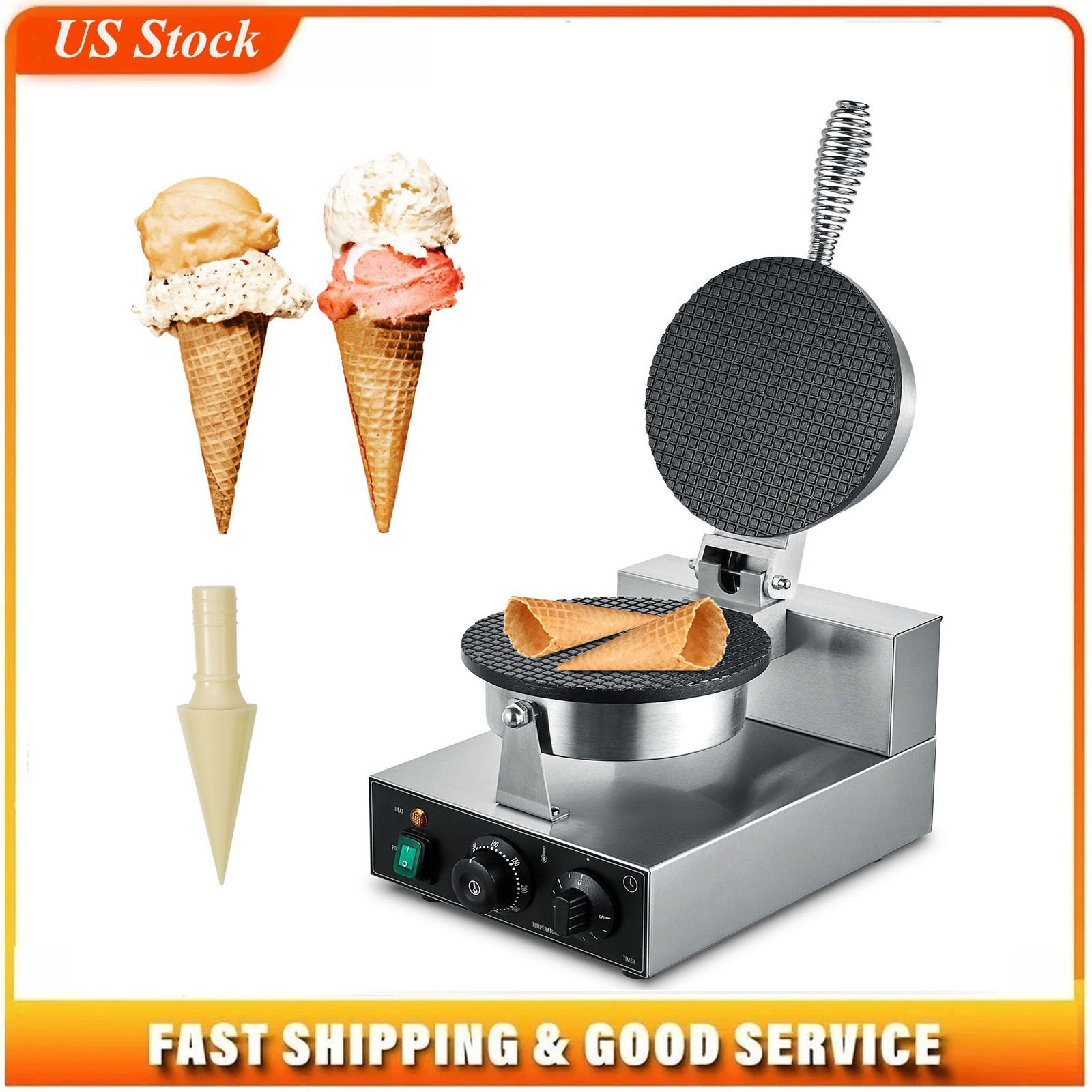 Waffle Cone Maker - เครื่องทำไอศกรีมโคนไฟฟ้า, เครื่องทำวาฟเฟิลโคนเชิงพาณิชย์ 1230W, แม่พิมพ์ม้วนไข่สแตนเลสแบบไม่ติด, พร้อมระบบควบคุมอุณหภูมิและเวลา, มีด้ามจับ,